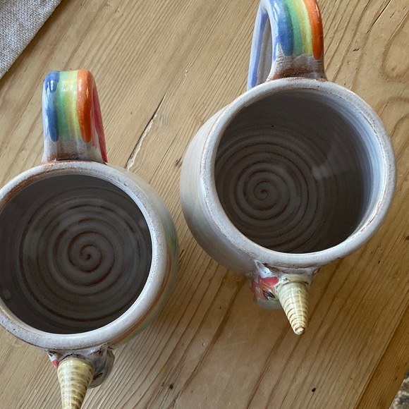 Mudworks Elwood the Rainbow Unicorn Mugs (2) Hand Thrown Pottery Footed USA Made - Picture 7 of 12